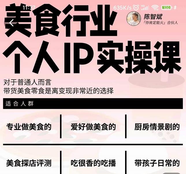 美食行业个人IP实操课，对于普通人而言，带货美食零食是离变现非常近的选择-电脑资源自留地