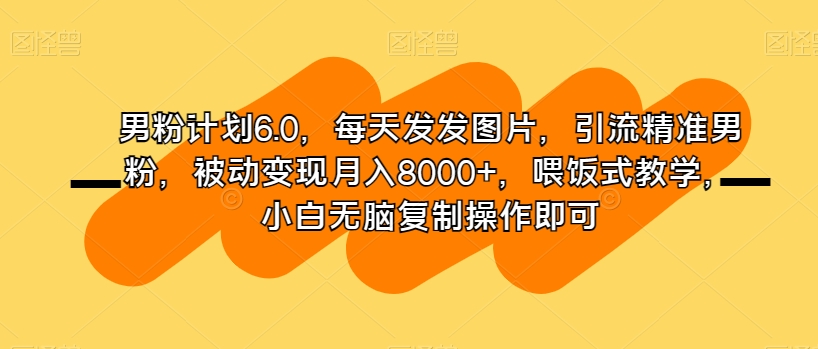 男粉计划6.0，每天发发图片，引流精准男粉，被动变现月入8000+，喂饭式教学，小白无脑复制操作即可-电脑资源自留地