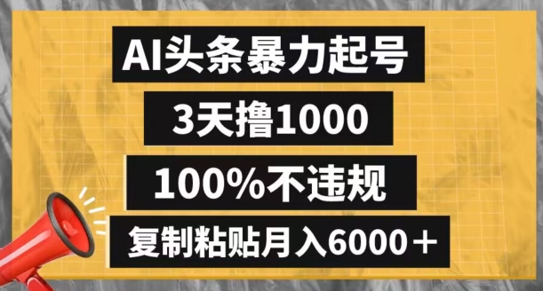AI头条暴力起号，3天撸1000,100%不违规，复制粘贴月入6000＋【揭秘】-电脑资源自留地