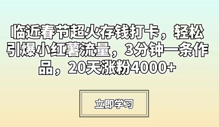 临近春节超火存钱打卡，轻松引爆小红薯流量，3分钟一条作品，20天涨粉4000+【揭秘】-电脑资源自留地