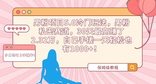 男粉项目5.0冷门玩法，男粉私密赛道，30天最高赚了2.32万，自己手搓一天轻松也有1000+【揭秘】-电脑资源自留地