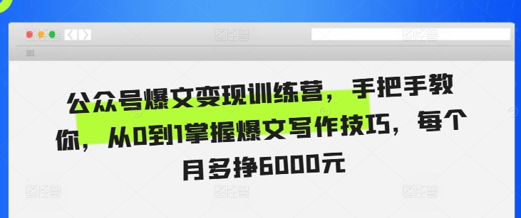 公众号爆文变现训练营，手把手教你，从0到1掌握爆文写作技巧，每个月多挣6000元-电脑资源自留地