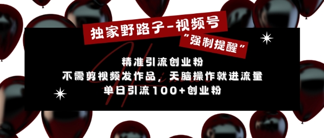 独家野路子利用视频号“强制提醒”，不需剪视频发作品，无脑操作就进流量，单日引流100+创业粉-电脑资源自留地