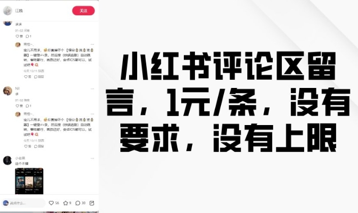 小红书评论区留言，1元条，没有要求，没有上限-电脑资源自留地