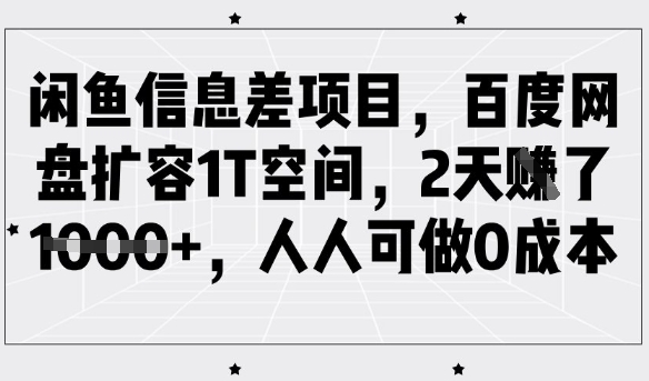 闲鱼信息差项目，百度网盘扩容1T空间，2天收益1k+，人人可做0成本-电脑资源自留地