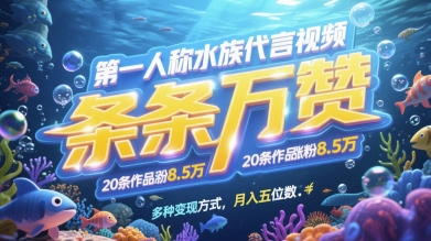 第一人称水族代言视频，条条万赞，20条作品涨粉7.8W，多种变现方式月入五位数-电脑资源自留地