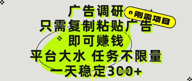 广告调研项目，只需复制粘贴广告即可挣钱，平台大水，任务不限量，一天3张【揭秘】-电脑资源自留地