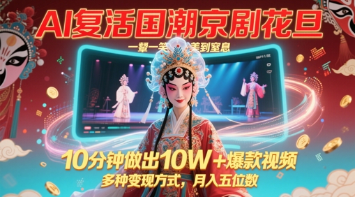 AI复活国潮京剧花旦，一颦一笑美到窒息，10分钟做出10W+爆款视频，多种变现方式，月入五位数-电脑资源自留地