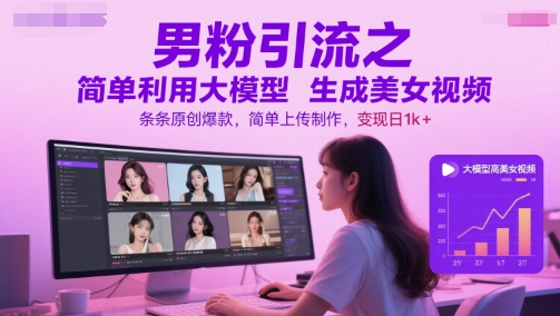男粉引流之简单利用大模型生成美女视频，条条原创爆款，简单上传制作，变现日1k+-电脑资源自留地